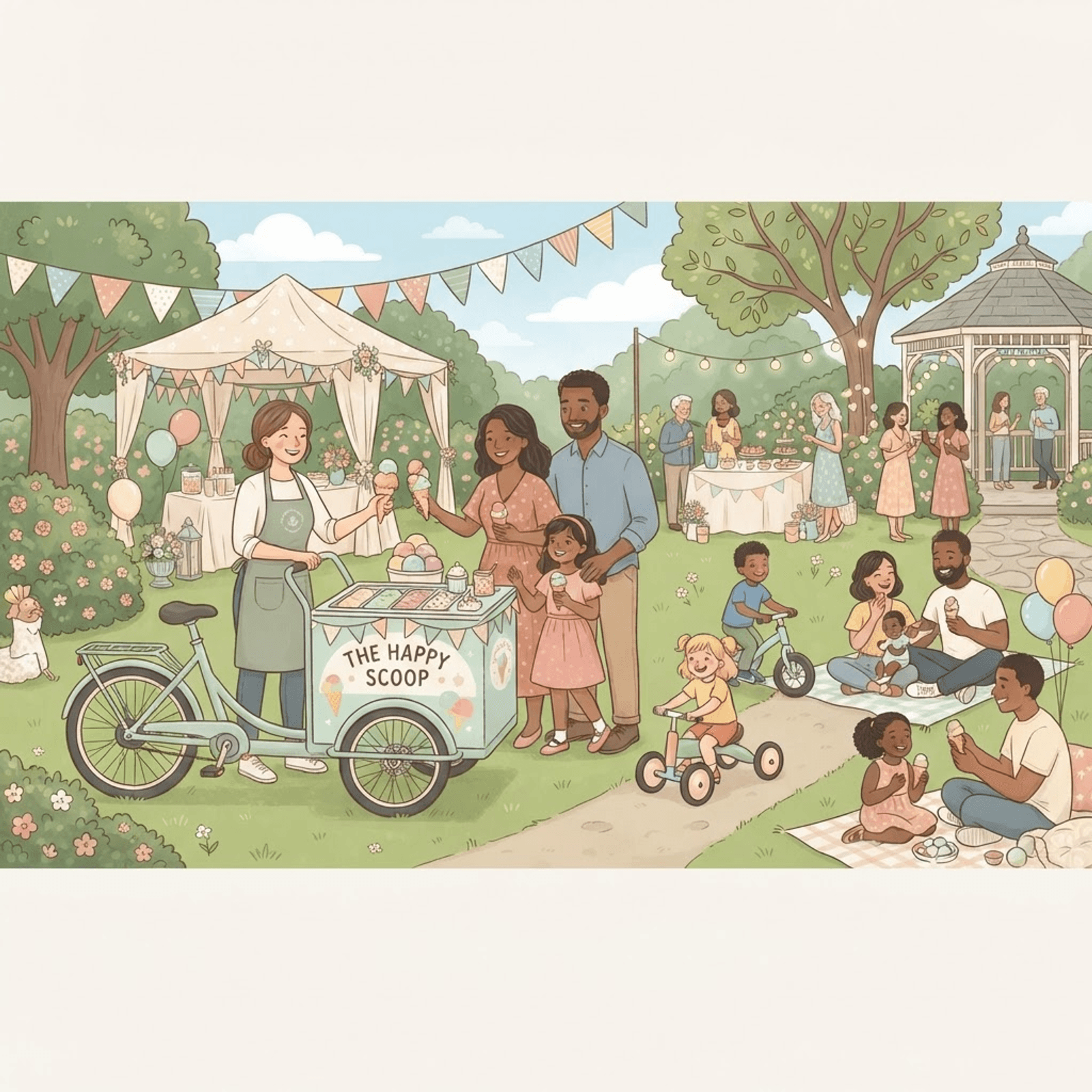 Sweeties Eis-Lastenrad bei einem sonnigen Gartenfest mit Familien und Kindern